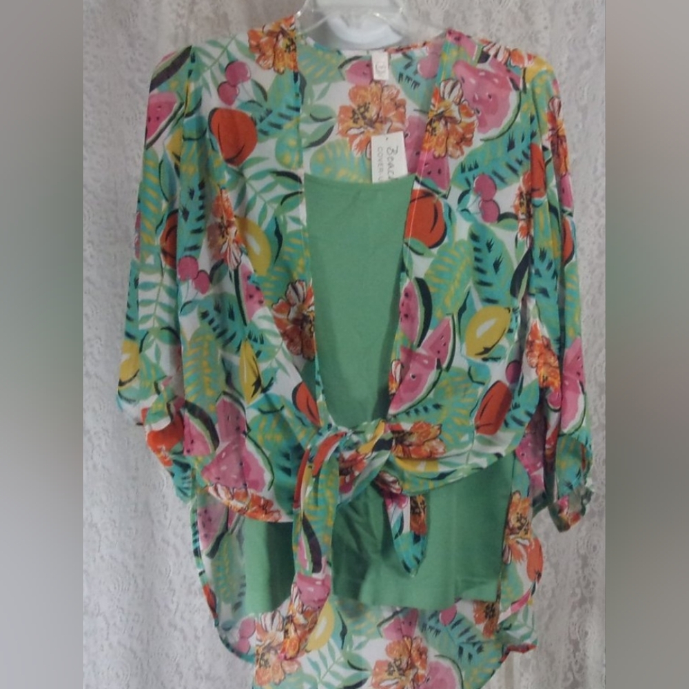 Kimono Top Set Green Pink Watermelon & Cherries Print Size M NWT